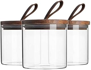 Argon Tableware 3 Piece Glass Jar with Wooden Lid Storage Container Set - Round Scandinavian Style Airtight Canister - 550ml
