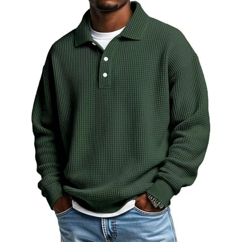 Quarter Zip Button Down Pullover Polo Shirts for Men Collared Long Sleeve Waffle Sweatshirts Casual Outdoor Shirts Greens XX-Large