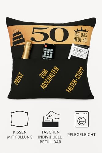 KAMACA Originelles Dekokissen Kissen mit 3 Taschen zum selber Befüllen Größe 43x43 cm tolles Geschenkzum runden Geburtstag (50. Geburtstag)
