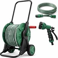 30M Garden Hose Pipe Reel Cart on Wheels | 28.5m Water Pipe | 1.5m Leader Hose | Hosepipe Trolley with Rewind Handle | 7 Mode Spray Gun | Freestanding | Tap Connectors | Car Pressure Washer Compatible