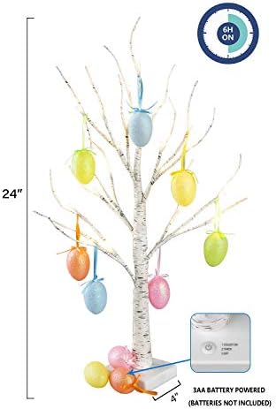 Eambrite Easter Egg Tree with Lights Timer Battery Operated White Twig Tree with Easter Decorations Decor for Home and Party (60cm/2ft)