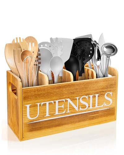 brekle Kitchen Utensil Holder for Kitchen Counter Large Wooden Organizer for Cooking Utensils Utensil Holder Counter Farmhouse Décor (Farmhouse Wooden)