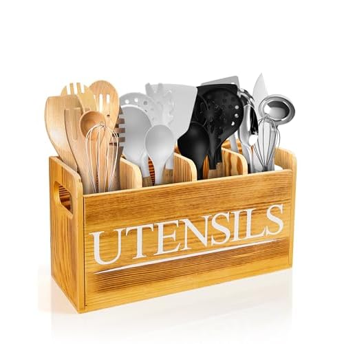 Kitchen Utensil Holder for Kitchen Counter Large Wooden Organizer for Cooking Utensils Utensil Holder Counter Farmhouse Décor (Farmhouse Wooden)