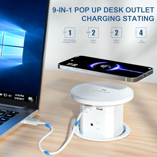 9-in-1 Pop-Up Outlet with Wireless Charging – 4 AC & 4 USB Ports, 2500W Overload Protection, 100-240V Global Voltage, 4-1/8" Cutout – Hidden Countertop Power Hub for Kitchen, Office, etc.（2-Pack） by ANCIENTPWR - Image 2