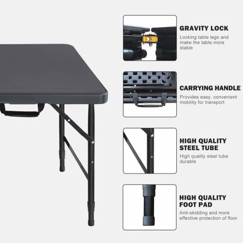 Table Pliante Extérieure 4 Pieds, Table De Camping Pliable Réglable, Table De Jardin Portable Avec Poignée, Résistante Aux Intempéries, Idéale Pour Camping, Pique-Nique, Jardin, Intérieur Et Extérieur