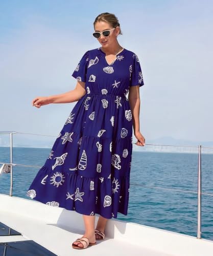 Image of TIYOMI Women Plus Size Dress Boho V Neck Short Sleeve Beach Maxi Dresses Floral /Stripe /Leaves /Lemon XL-5XL