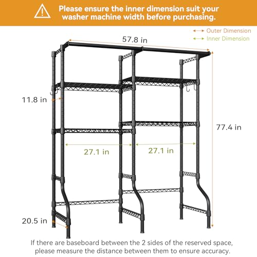 ULIFHOME U14 Medium Over the Washer and Dryer Shelves, 4 Tiers Laundry Room Storage and Organizer System, Space Saving Clothes Drying Rack with 2 Clothes Hanger Rods, 57.8"W x 20.5"D x 77.4"H, Black by ULIFHOME - Image 3