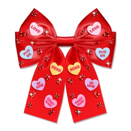 Valentine’s Day Hair Bows for Women Conversation Heart Hair Bow Clips Jeweled LOVE XOXO Hair Bows Silky Stain Red Pink Bows Hair Ribbon Barrettes Valentine’s Day Outfits Accessories Gifts (Pattern B3)
