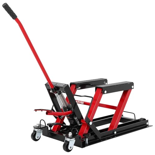 Garvee Hydraulic Motorcycle Lift Jack 1500Lb Heavy Duty ATV/UTV/Dirt Bike Lift with 4.7-14.57 Height Range Non-Slip Platform & Safety Lock Garage Scissor Jack Car Maintenance Tool Red