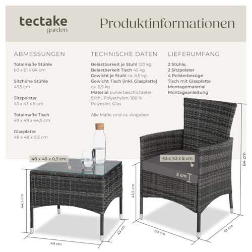 tectake® Poly Rattan Möbel Gartenset mit Wechselbezügen, 2 Stühle und Tisch mit Glasplatte… – Ansicht 6