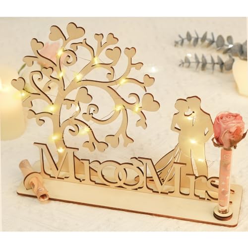 ARTREE Holz Geldgeschenk Hochzeit für Brautpaar – Herz Lebensbaum Hochzeitsgeschenk mit Lichterketten, Romantische Hochzeitsgeschenk mit Mr & Mrs Deko