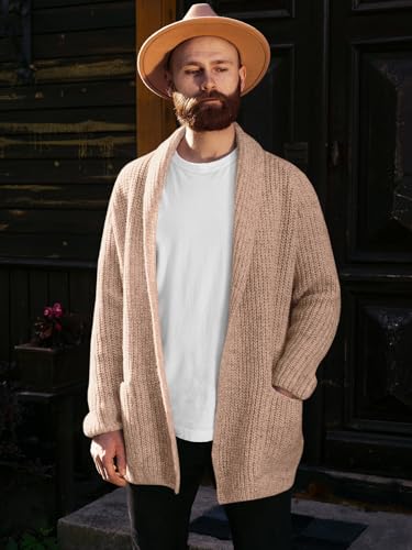 Image of Runcati Mens Shawl Collar Long Cardigan Casual Knit Open Front Sweater Fall Winter Thermal Cardigan Sweater