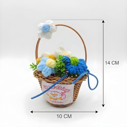 Image of Artificial Crochet Flowers Basket, 14CM Height Mini Handmade Knitted Multicolour Flower with Ribbon, Home and Office Decor Gift