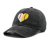 Heart Ball Hat for Womens, Softball Embroidered Adjustable Baseball Cap for Mom Girls Black