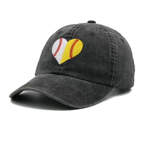 Heart Ball Hat for Womens, Softball Embroidered Adjustable Baseball Cap for Mom Girls Black