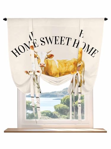 Tie Up Curtains for Windows Farmhouse Cow Roman Shade 42 x 63 Inch Bathroom Curtains Window Vintage Animal Life Better Abstract Text Rod Pocket Short Balloon Curtains for Living Room Kitchen Blinds