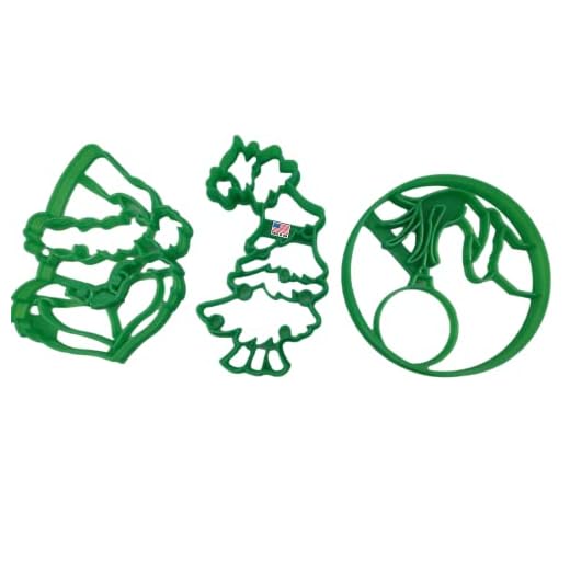 INSPIRED BY DR. SEUSS’ HOW THE GRINCH STOLE CHRISTMAS Head/Face With Santa Hat, Whoville Leaning Christmas Tree and Hand Holding Ornament Holiday Christmas Cookie Cutters (3 Pack)