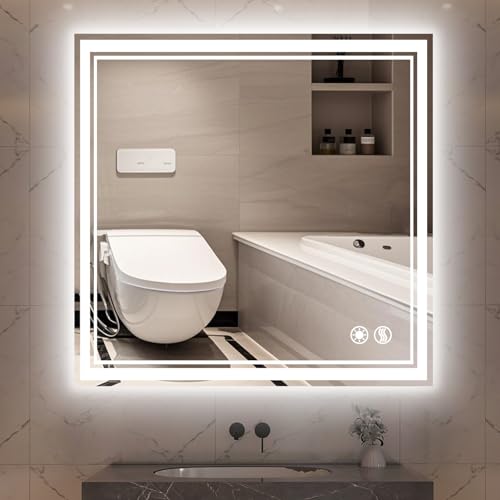 26“ x 26” LED Mirror for Bathroom Front and Backlit Anti-Fog Dimmable 3 Colors LED Bathroom Mirror with Lights Memory Function Smart Mirror Touch Sensor Square Wall Mounted