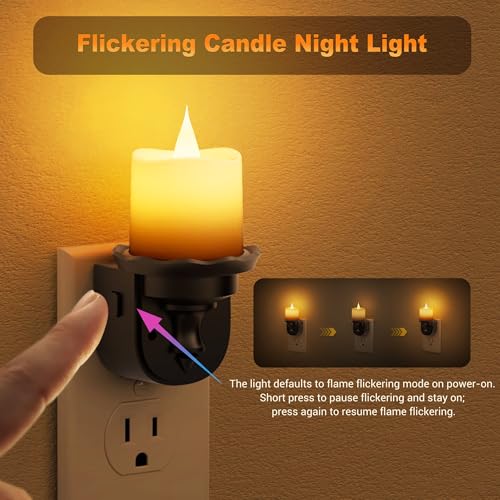 Image of JandCase Night Lights Plug into Wall, 2 Pack Flameless Flickering Electric Fake Candle Night Light with Dusk to Dawn Sensor, 3000K Soft White, 0-100LM Dimmable Nightlight for Bathroom Bedroom Hallway