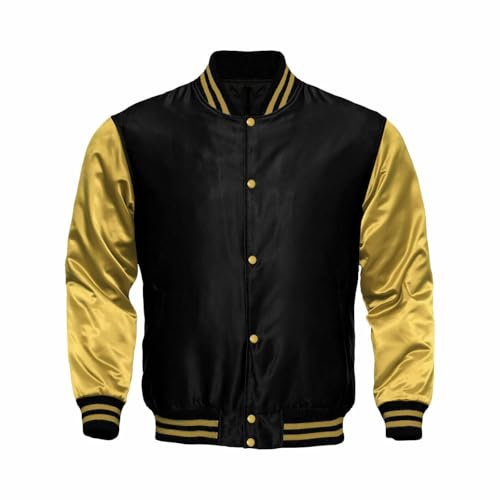 Deckra Mens Varsity Jacket Satin Polyester Retro Zip Casual Bomber Jackets (US, Alpha, X-Large, Regular, Regular, Black-Gold)