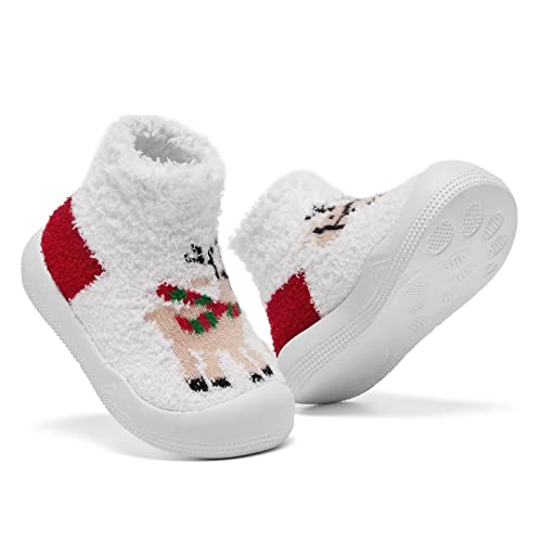 Christmas Baby Shoes Girls Boys Warm Baby Winter Shoes Cozy Fleece Booties Fuzzy Sock Shoes With Soft Rubber Sole Infant Sneaker Toddler Slipper White #TOP4