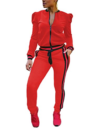 Akmipoem Women's 2 Pieces Outfits Long Sleeve Zipper Jacket and Pants Tracksuits Red