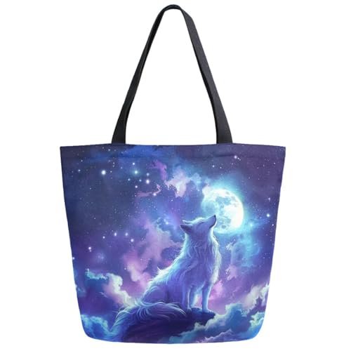 Chic Extra Large Shoulder Grocery Tote Bag, Beautiful Moon Night Sky Wolf Canvas Daily Gym Weekender Beach Travel Kitchen Reusable Market Shopping Handle Bag