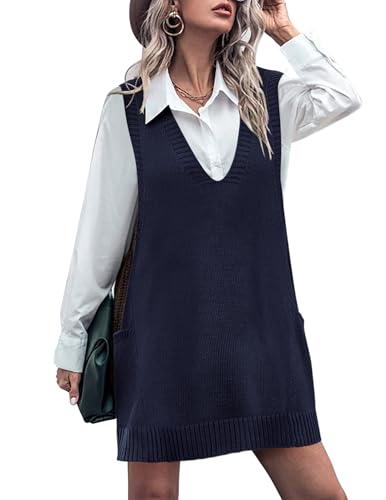 Image of HOTOUCH Women Sweater Vest Oversized V Neck Sleeveless Knit Pullover Ribbed Vest Dress with Pockets