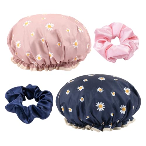 OAAO 2 Bonnets De Douche Marguerite Et 2 Bandes De Cheveux, Conception Imperméable À Double Couche, Accessoires De Cheveux Mignons Pour Filles, Adaptés Au Bain Et Aux Soins De La Peau, Bleu Marine.