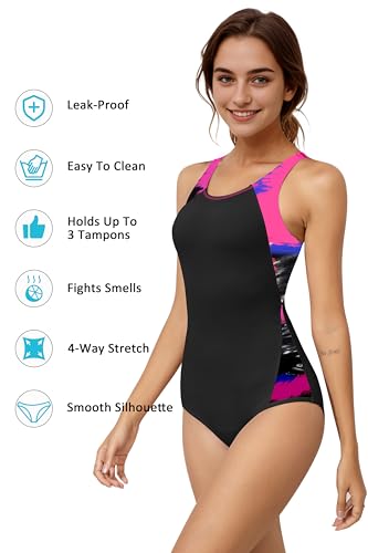 Image of Beautikini Period Swimwear One Piece Leakproof Menstrual Swimsuit Racerback Color Block Bathing Suit for Teen Girls Women