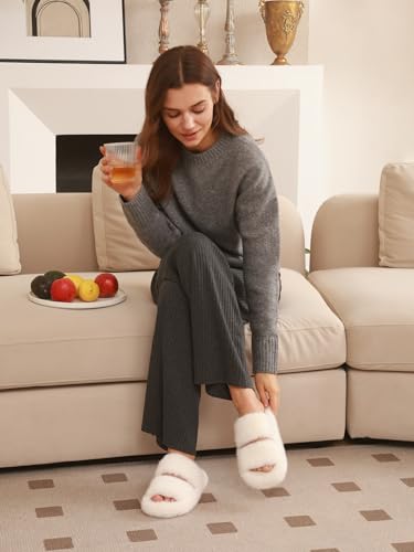 Chantomoo Women's Memory Foam Fuzzy Comfy Faux Fur House Shoes - Furry Bedroom Indoor Open Toe Slippers with Two Bands - Trendy Gift Slippers2