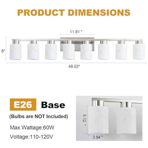 Image of 8-Light Bathroom Light Fixtures, Modern Vanity Lights, Brushed Nickel Metal Wall Lamp with White Marble Glass for Bathroom, Mirror, Living Room, Bedroom, Cabinet, Porch, Hallway, E26 Base