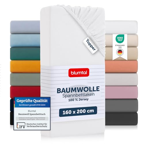 Blumtal® Basics Spannbettlaken 160x200cm Topper Jersey - Bettlaken 160x200cm aus 100% Baumwolle - Oeko-TEX zertifiziertes Spannbetttuch 160x200 - Topper Spannleintuch 160x200 - Betttuch - Weiß