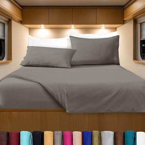 Image of Elegant Comfort Luxurious 1500 Premium Hotel Quality Microfiber Three Line Embroidered Softest 4-Piece Bed Sheet Set, Wrinkle and Fade Resistant, RV Short Queen, Gray