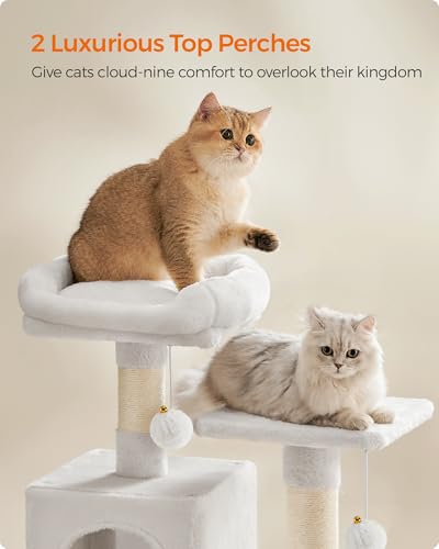 Image of Feandrea Cat Tree, 59.5-Inch Tall Cat Tower, Plush Multi-Level Condo with 5 Scratching Posts, 2 Perches, 2 Caves, Hammock, 2 Pompoms, Cream White UPCT192T01