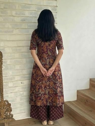Image of ANNI Designer Women's Viscose Blend Straight Printed Kurta with Palazzo | Elbow Length Sleeve Kurti Set | Close Neck with Back Slit | Soft Comfortable Fabric | 2 Piece Outfit