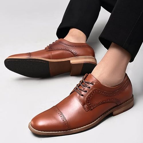 Image of Arkbird Men's Dress Shoes Modern Oxford Round Cap Toe Lace up Casual Formal Business Leather Derby Shoes, Brownish 9.5