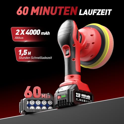 2025 Poliermaschine Auto Akku, 2x4000mAh Batterie (Bis zu 6000 U/min) Poliermaschine Auto, 6’’ Autopolierer, 8 mm Exzenter-Poliermaschine für Auto-und Bootspflege, Polieren Wachsen Auto Detaillierung
