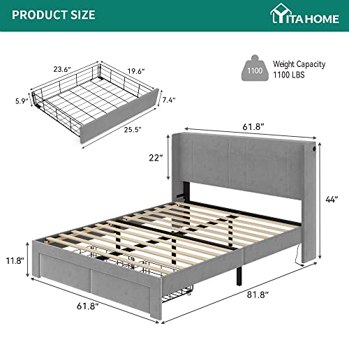Yitahome Queen Size Bed Frame, Platform Bed Frame With Storage Drawers, Upholstered Bed Frame With Headboard Built-In 2 Usb Charging Stations And Strong Wood Slats Support, No Box Spring Needed, Grey #TOP1