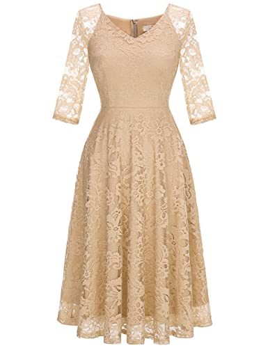 Image of Dressystar Womens Long-Sleeve Wedding Guest Dress A-Line Lace Formal Party Cocktail Midi Dress Prom Gown
