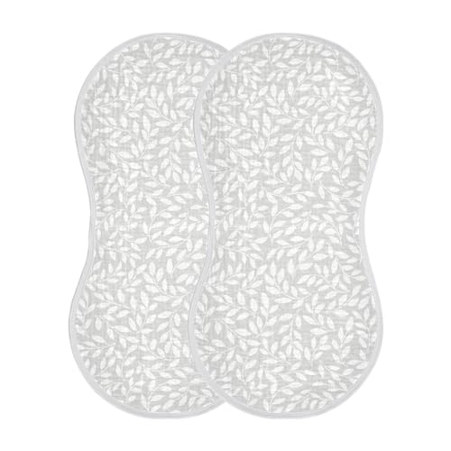 Image of Muslin Baby Burp Cloths, Grey and White Leaves Muslin Baby Rags Comfy Soft Absorbent in for Newborn Boys and Girls 2 Piece 22 x 11 Inch