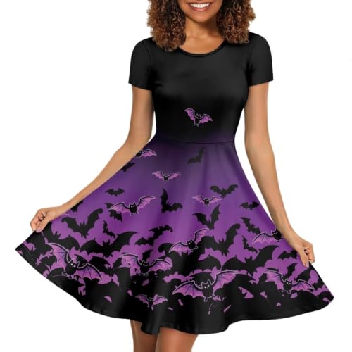 Image of HUGS IDEA Womens Puffy Swing Midi Dress Round Neck Short Sleeve Party A-Line Dresses