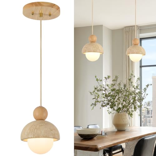 Image of Natural Cave Stone Pendant Lights Kitchen Island Japanese Wabi Sabi Pendant Light Fixture with Wood Ceiling Plate Hanging Lamp for Hallway, Bedroom, Dining Room 2 Packs