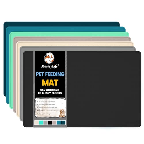 MateeyLife Dog & Cat Food Mat for Floors Waterproof, Nonslip Dog Bowl Mats for Food and Water, Dog Feeding Mats with Raised Edges, Silicone Cat & Dog Water Matt Tray for Messy Drinkers, 18\"x12\", Black
