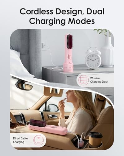 Image of Cordless Hair Straightener Brush with Charging Dock, Portable Travel Hair Straightening Brush with 300M Negative Ions, 10,000mAh Battery, Fast Heating Anti-Frizz Ionic Styling Comb for Women