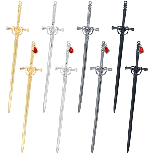 inSowni 8 Pieces Retro Gothic Medieval Metal Sword Hair Sticks with Crystal Pendant Chopsticks Long Hair Pins Bun Updo Holders Hair Accessories for Women Girls