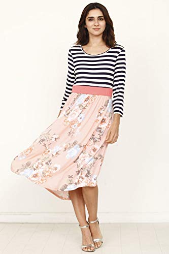 Image of Eloges Women's 3 /4 Sleeve Contrast Waist Band Floral Curved Hem Midi Dress