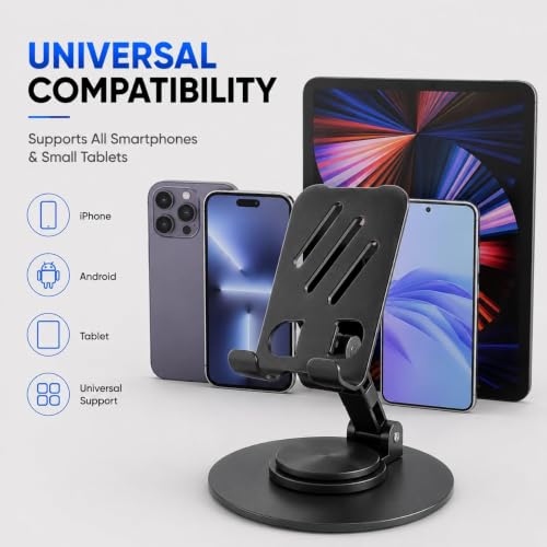 Image of 360 Rotatable Metal Mobile Stand for Desk | Foldable Adjustable Phone Holder with Anti-Slip Heavy Base | Universal Smartphone Stand Compatible with All Smartphones (Matte Black)