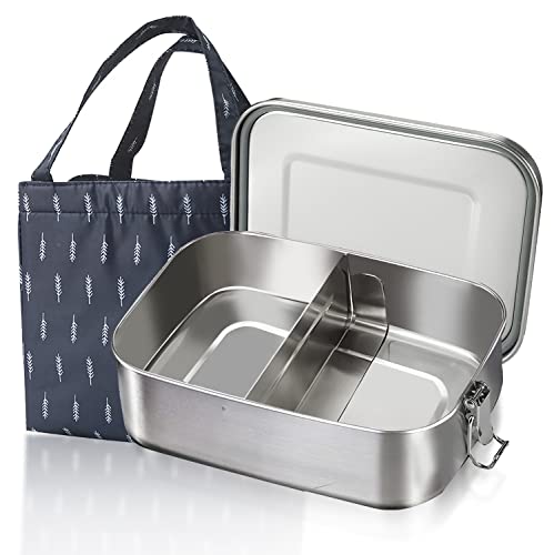 Brotdose Edelstahl (1200 ml), Auslaufsichere Metall Brotdose edelstahl lunchbox mit Isoliertasche und Trennwand,lunchbox metall für Kinder & Erwachsene Cover