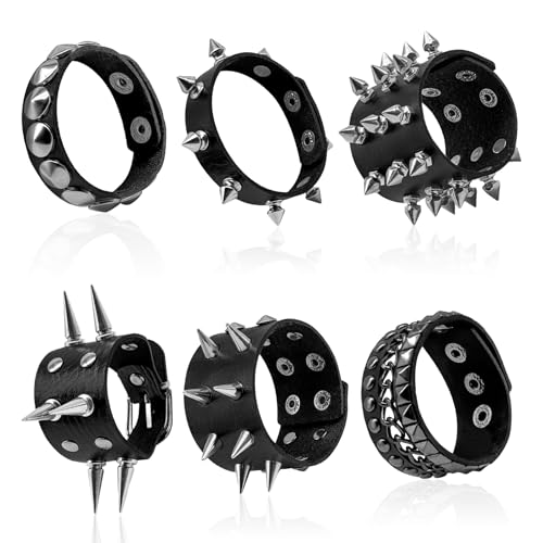 6 Pieces Punk Studded Bracelet,Spiked Leather Rivets Studded Bracelet,Spike Cuff Adjustable Metal Wristband Gothic for Halloween Men Women Accessories